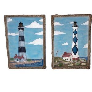 LIGHTHOUSE COTTAGE Coastal Art 3D Ceramic Nautical Wall Plaques Pair 6 x 4 inch